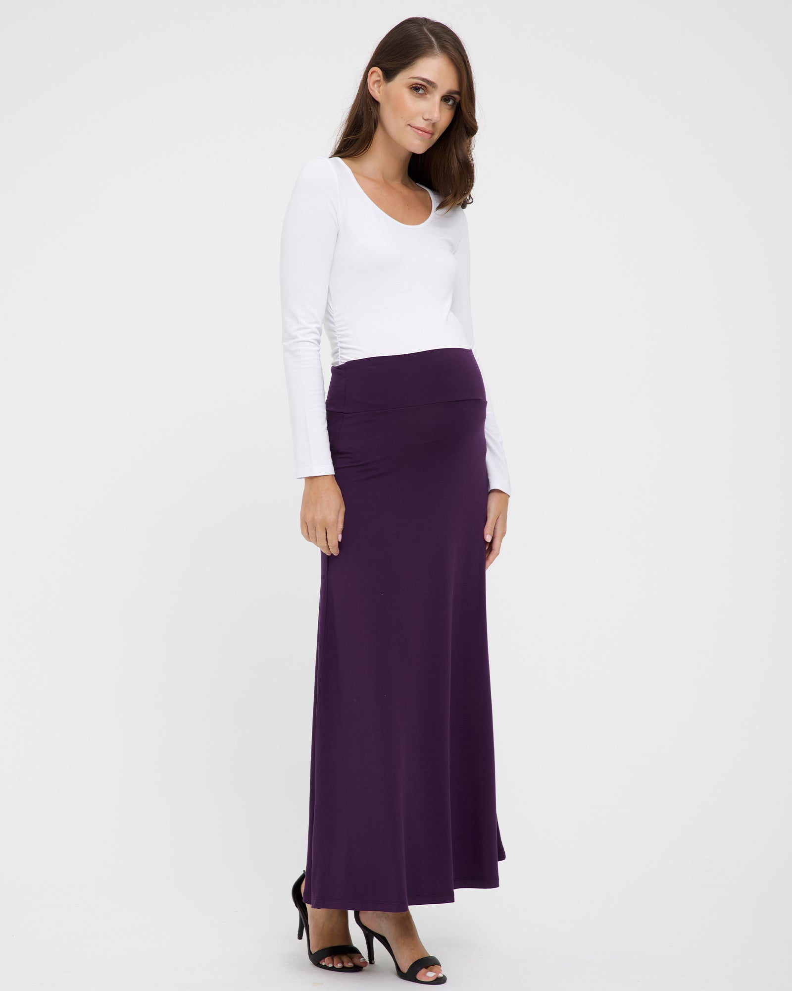 pregnancy friendly skirt with high stretchy waistband in purple