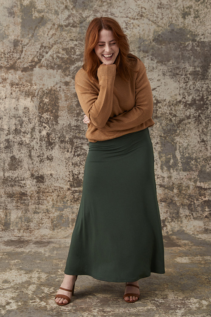 earthy green long skirt made of stretchy bamboo fabric