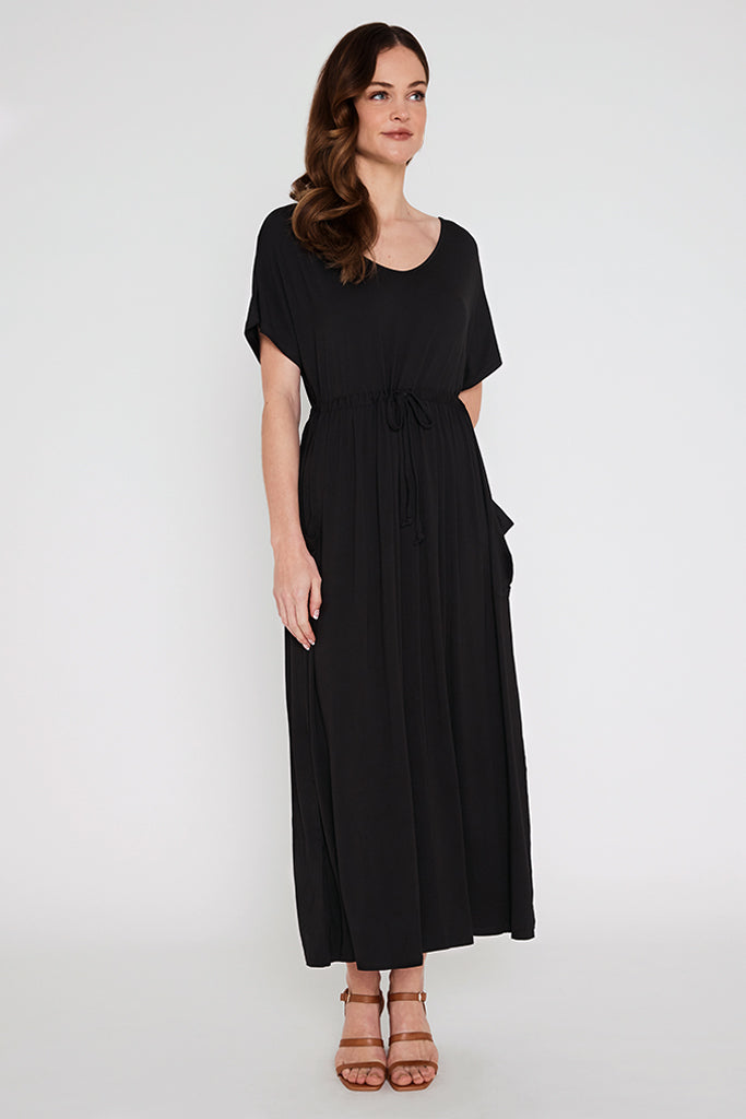 Eco-friendly black bamboo dress with side pockets and adjustable drawstring waist.