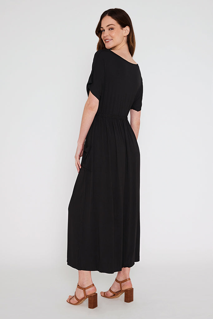 Black maxi dress with relaxed fit.