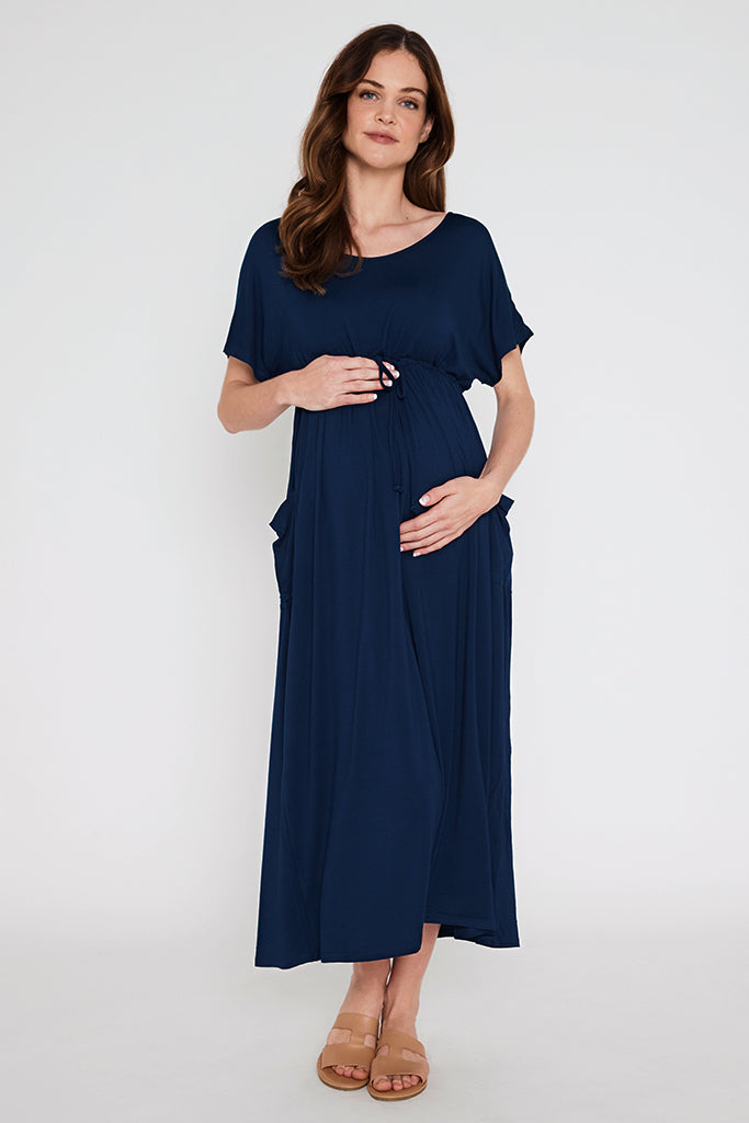 Maternity maxi dress with drawstring.