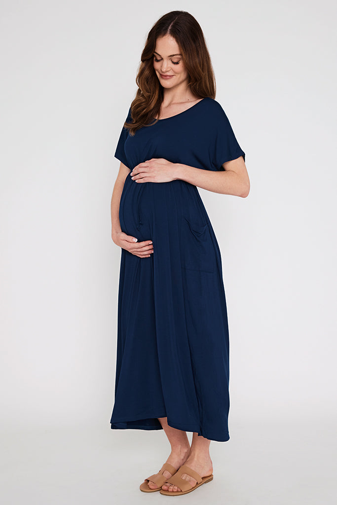 Navy maternity dress with lots of stretch.