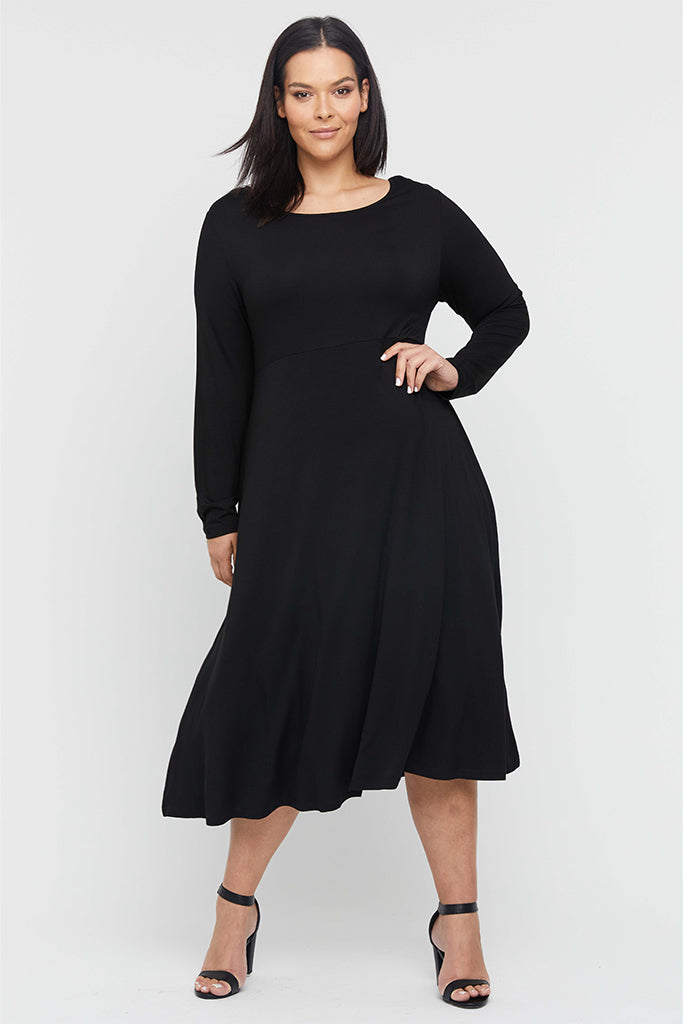 Black midi dress, perfect for flattering curves and offering all-day comfort.