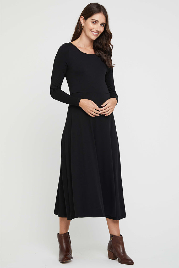 Bamboo maternity dress in black featuring long sleeves for year-round comfort.