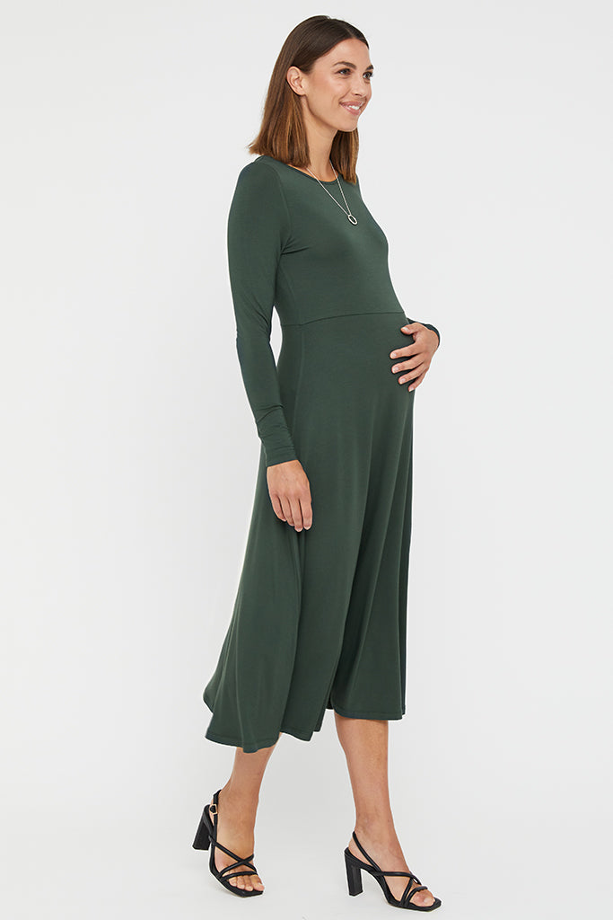 Long sleeve maternity dress made from sustainable bamboo, suitable for all trimesters.