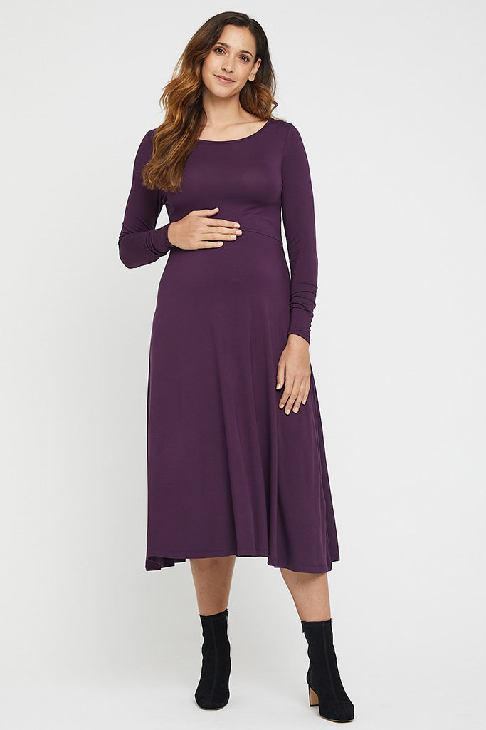 Maternity midi dress with long sleeves in Plum.