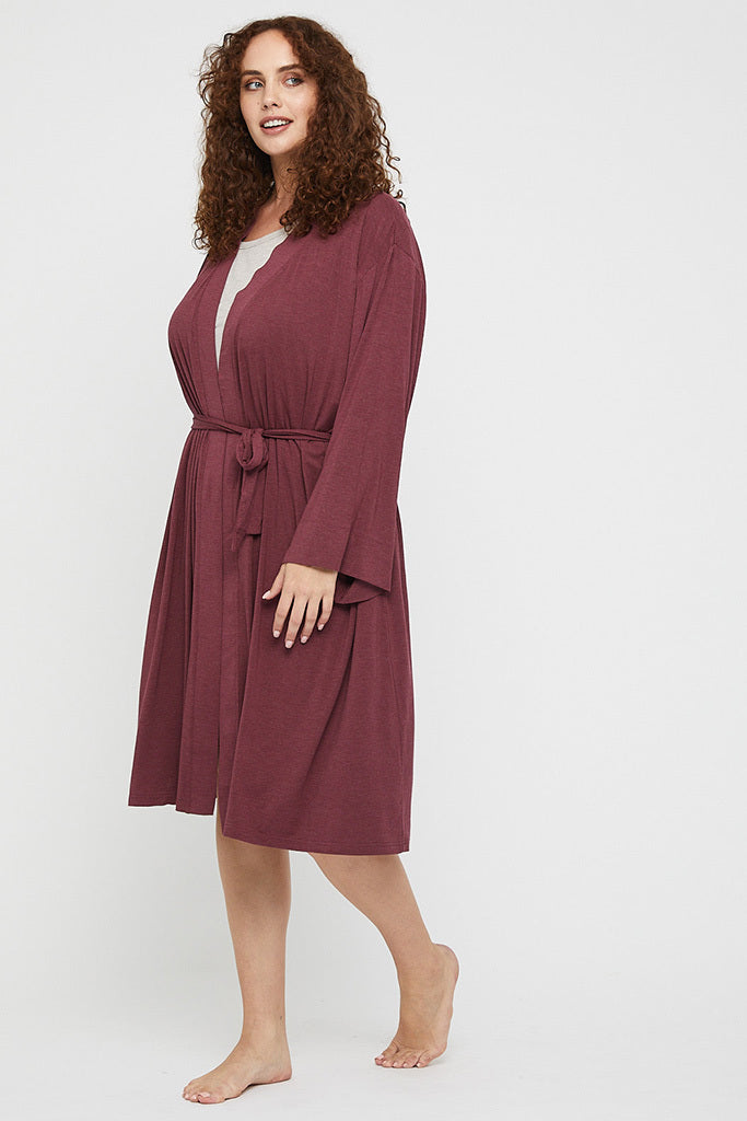 Side view of plus size dressing gown in burgundy made out of hypoallergenic fabric - great for sensitive skin