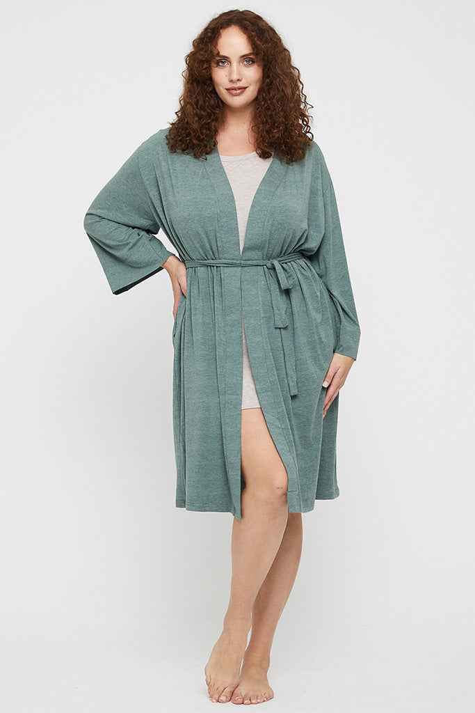 Plus size bamboo robe in green, featuring a belt and wide sleeves