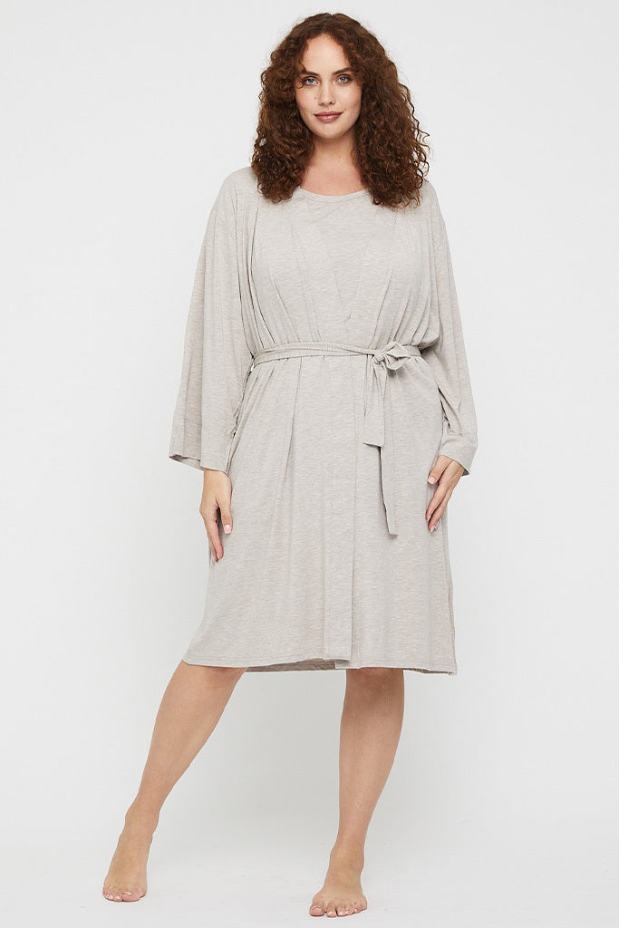 Plus size dressing gown in beige made out of comfortable and lightweight bamboo