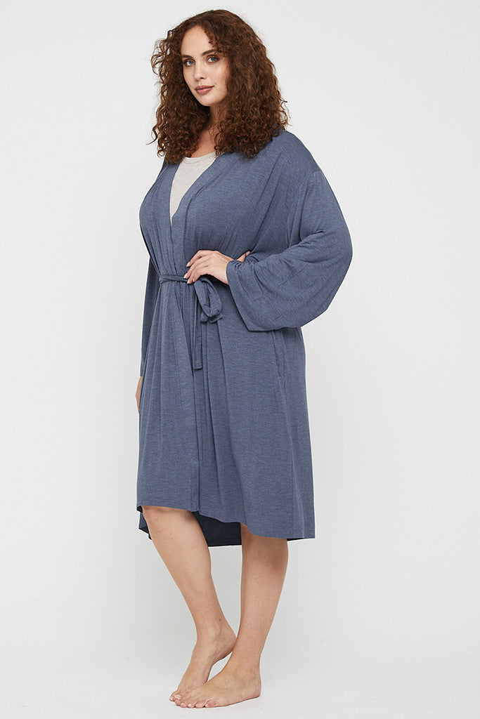 Side view of blue bamboo dressing gown, featuring a relaxed fit