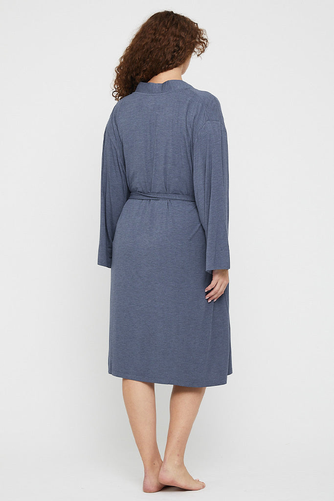 Back view of twilight blue bamboo dressing robe made out of hypoallergenic fabric