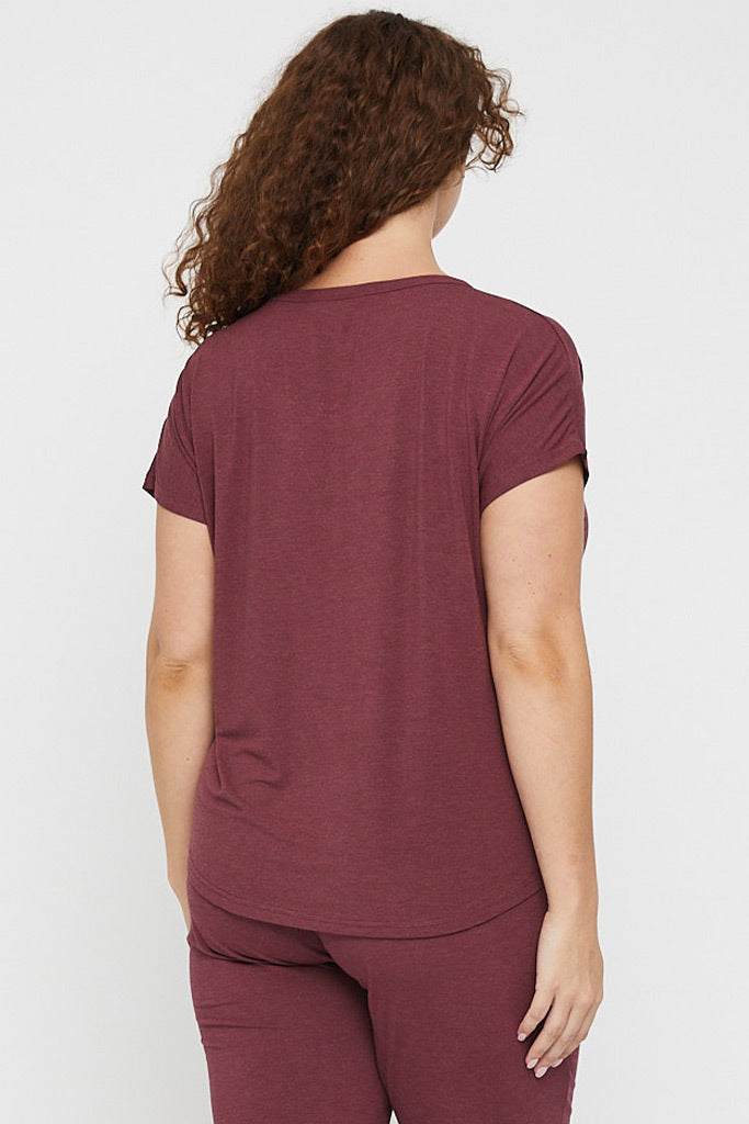 Back view of soft and comfortable plus size lounge tee in burgundy.
