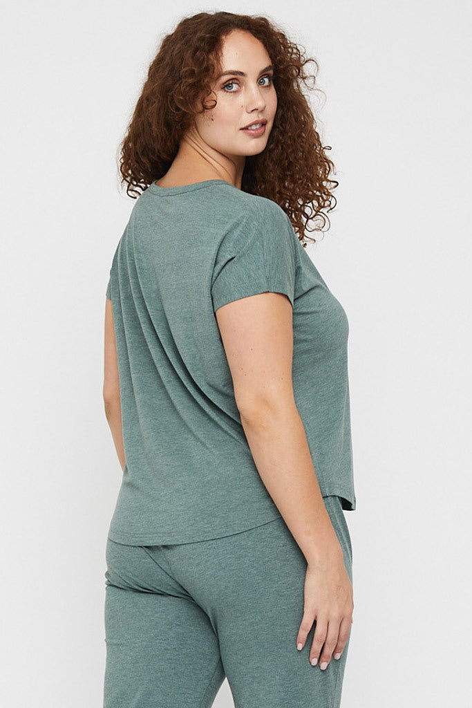 Back view of oversized and lightweight moss green lounge tee