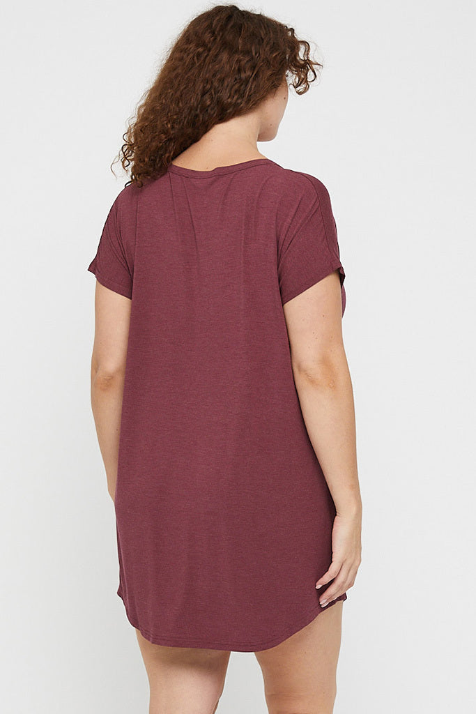 Back view of plus size and short bamboo night dress in burgundy