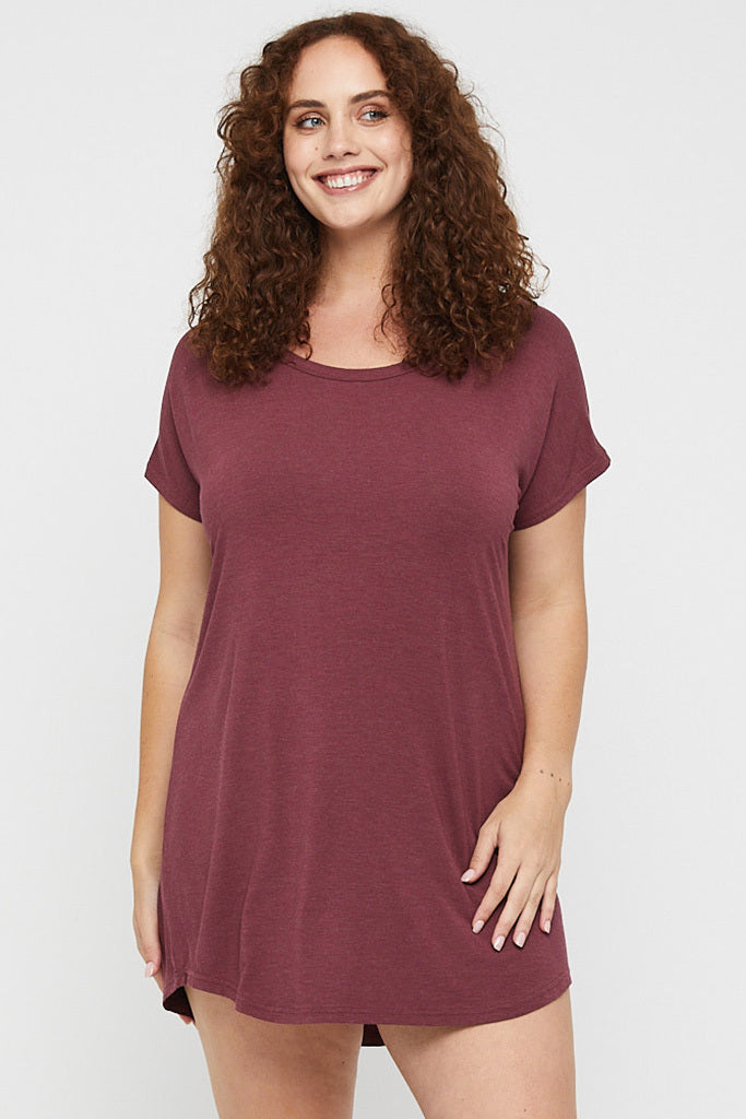 Plus size burgundy night dress with a relaxed, oversized fit.