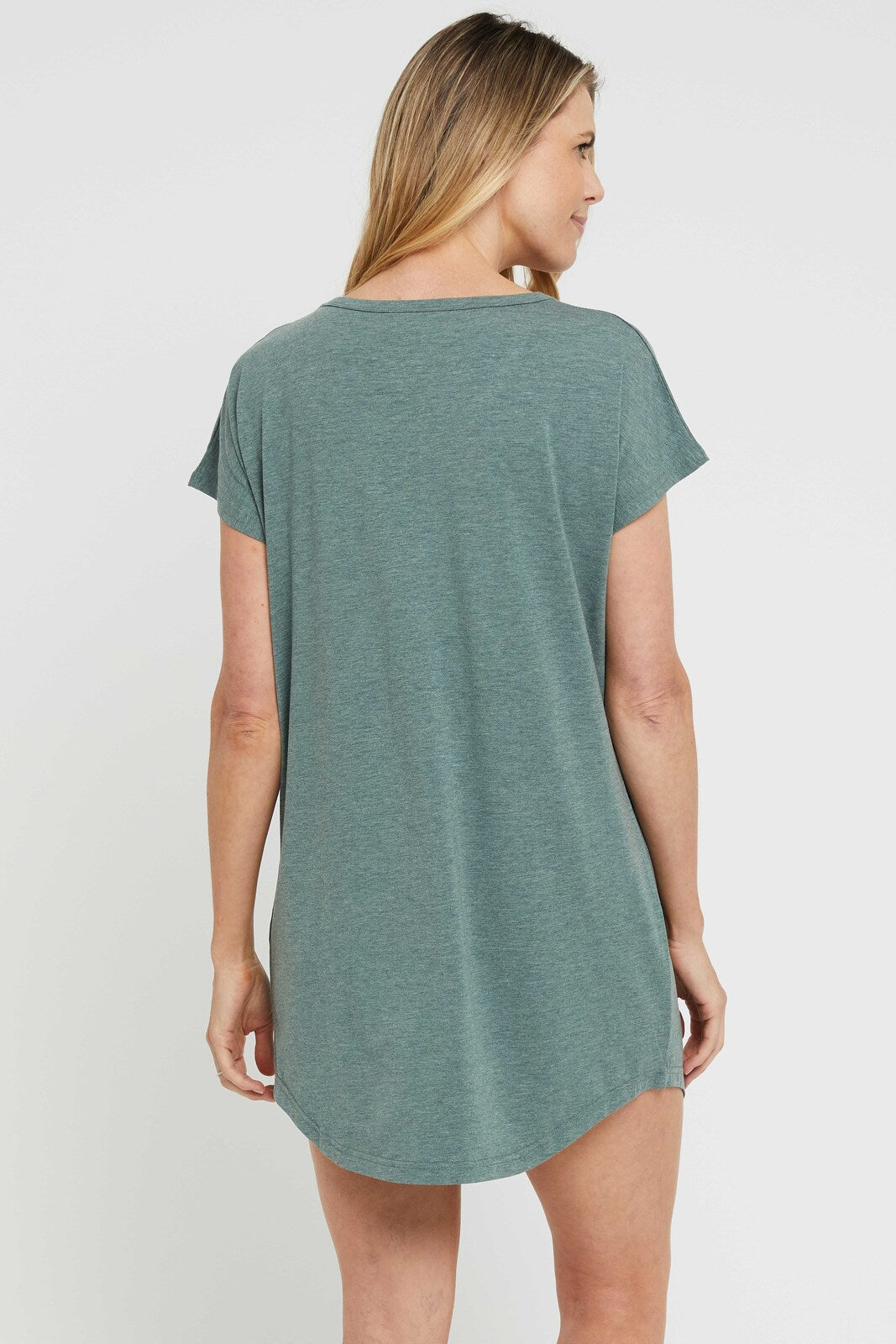 Back view of comfortable and breathable green night dress in bamboo.