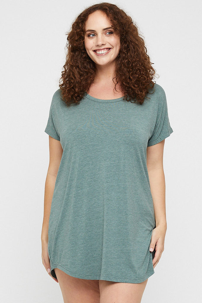 Plus size green night dress, featuring short sleeves and round, scoop neckline