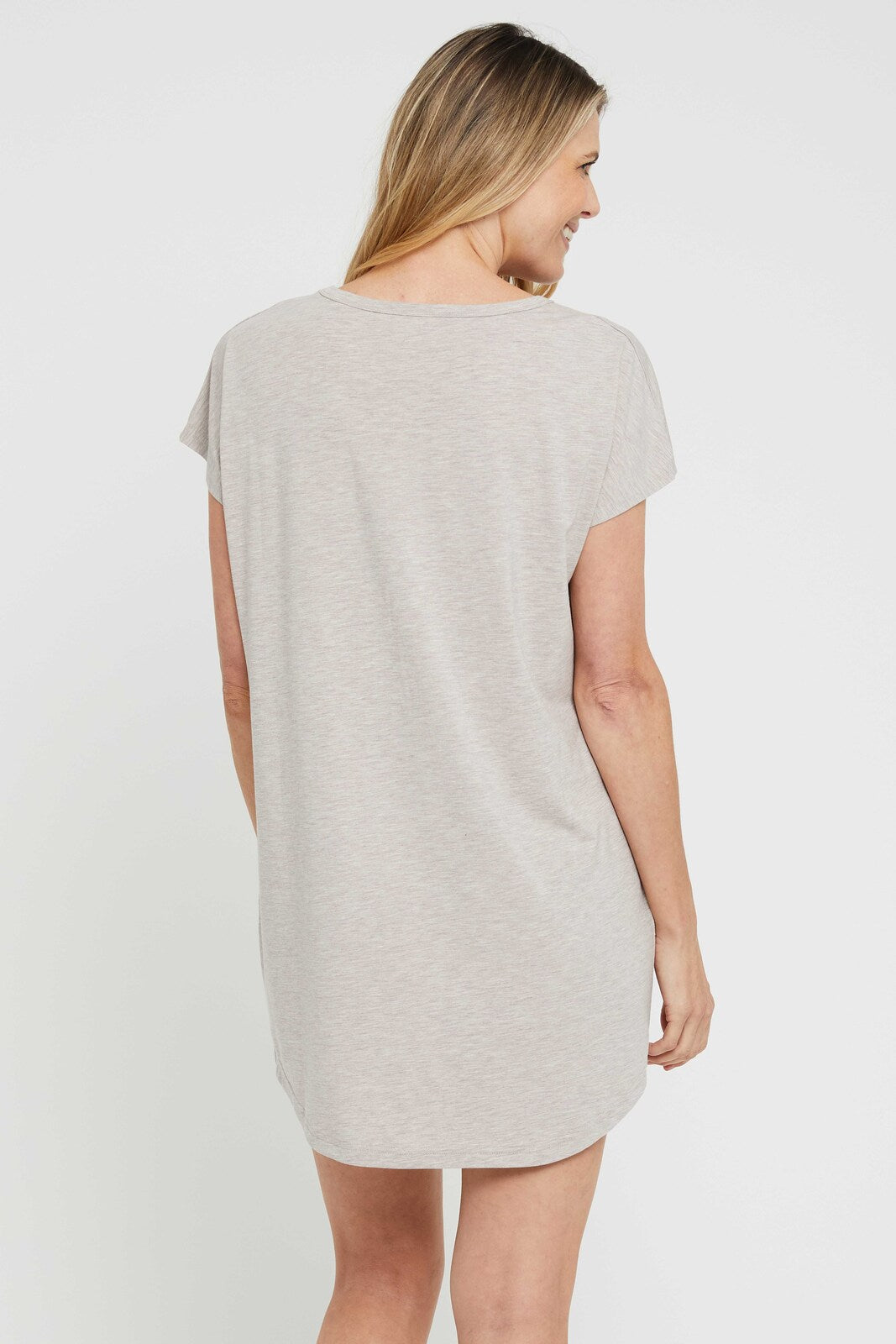 Back view of beige marle night dress in bamboo fabric.