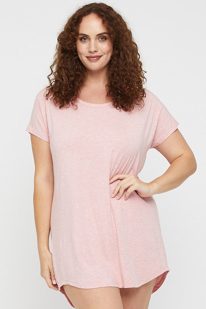 Plus size night dress in pink featuring short sleeves and hypoallergenic fabric.