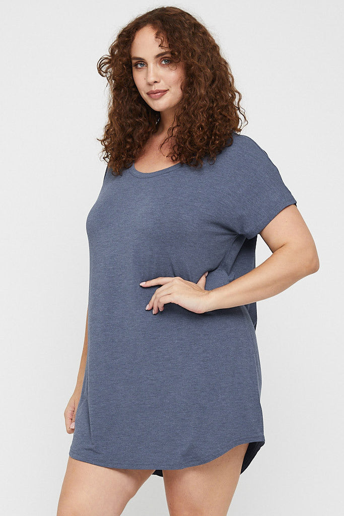 Side view of curvy night dress with relaxed, oversized fit.