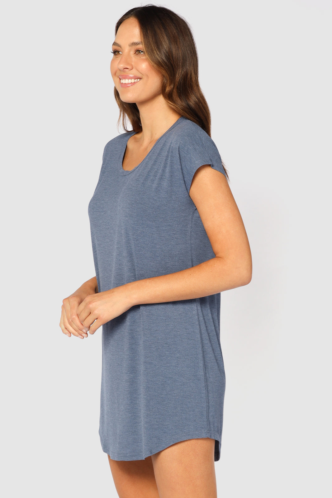 Side view of a blue night dress made out of soft and breathable bamboo.