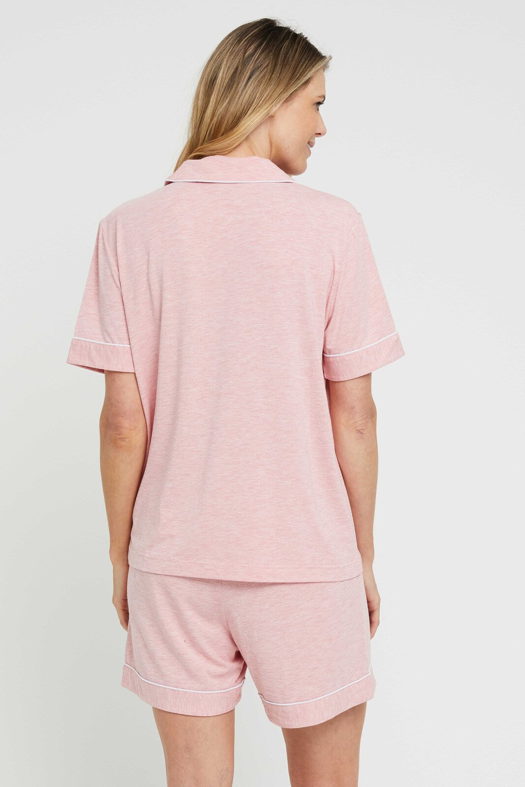 Back view of bamboo pink pyjama set for women.