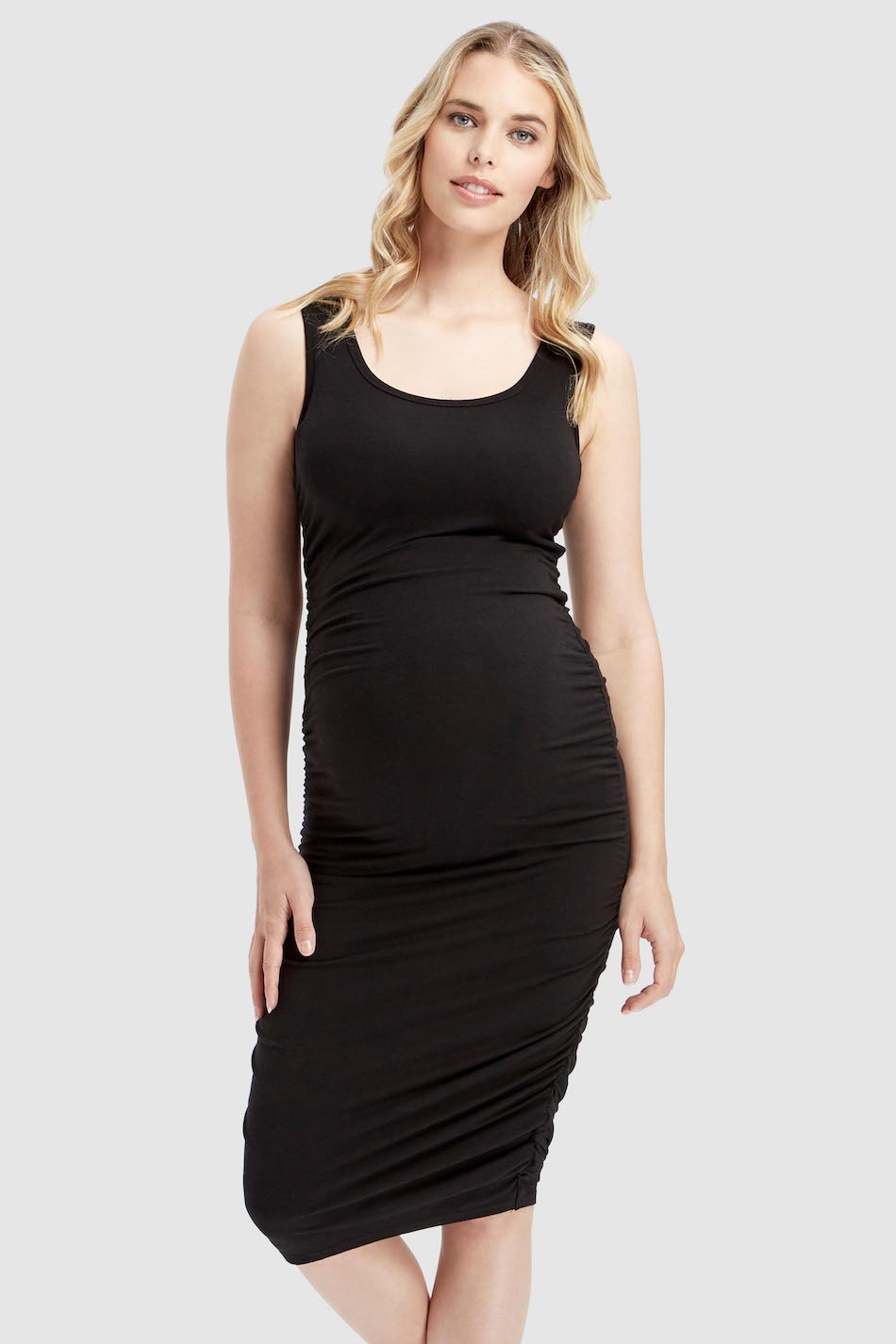 Lightweight black bamboo maternity dress with ruched sides, perfect for layering or warm weather
