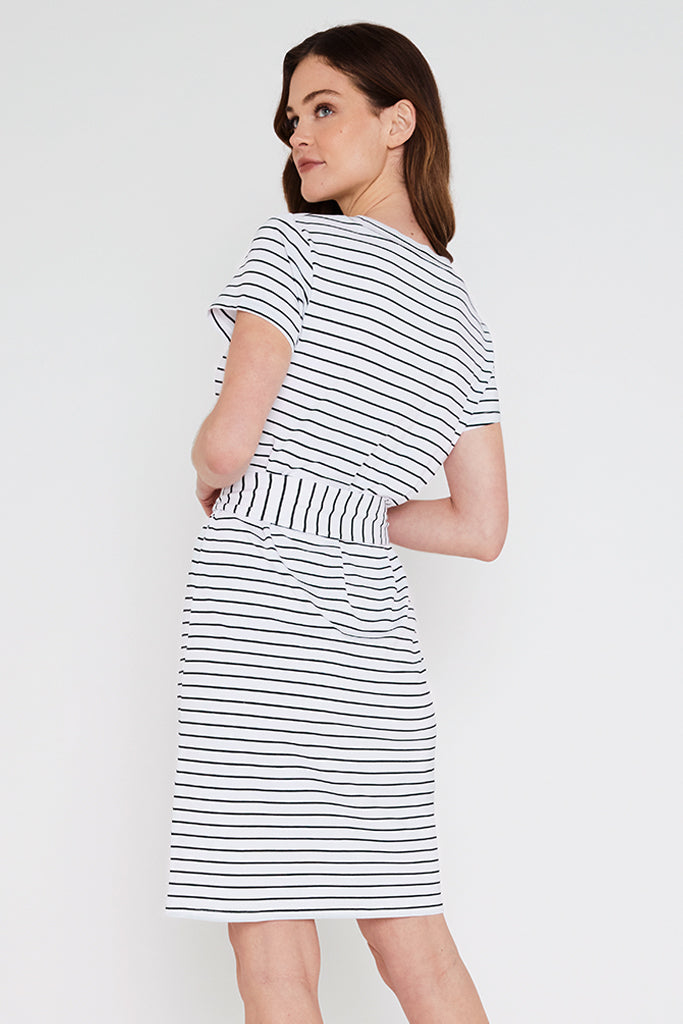 Timeless black and white striped T-shirt dress – breathable, eco-conscious choice
