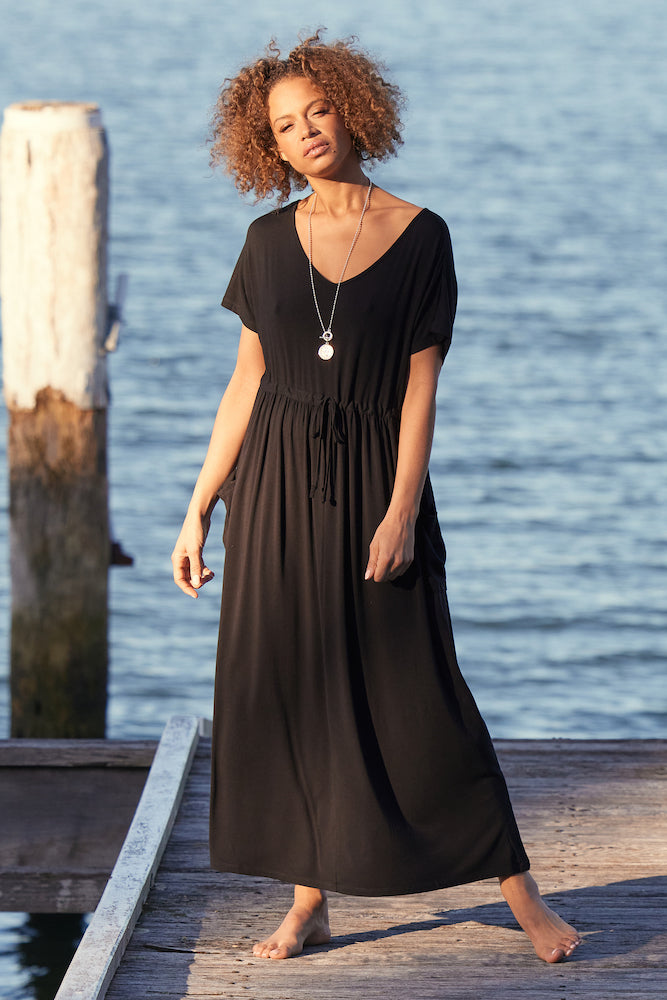 Comfortable black bamboo dress with drawstring waist.