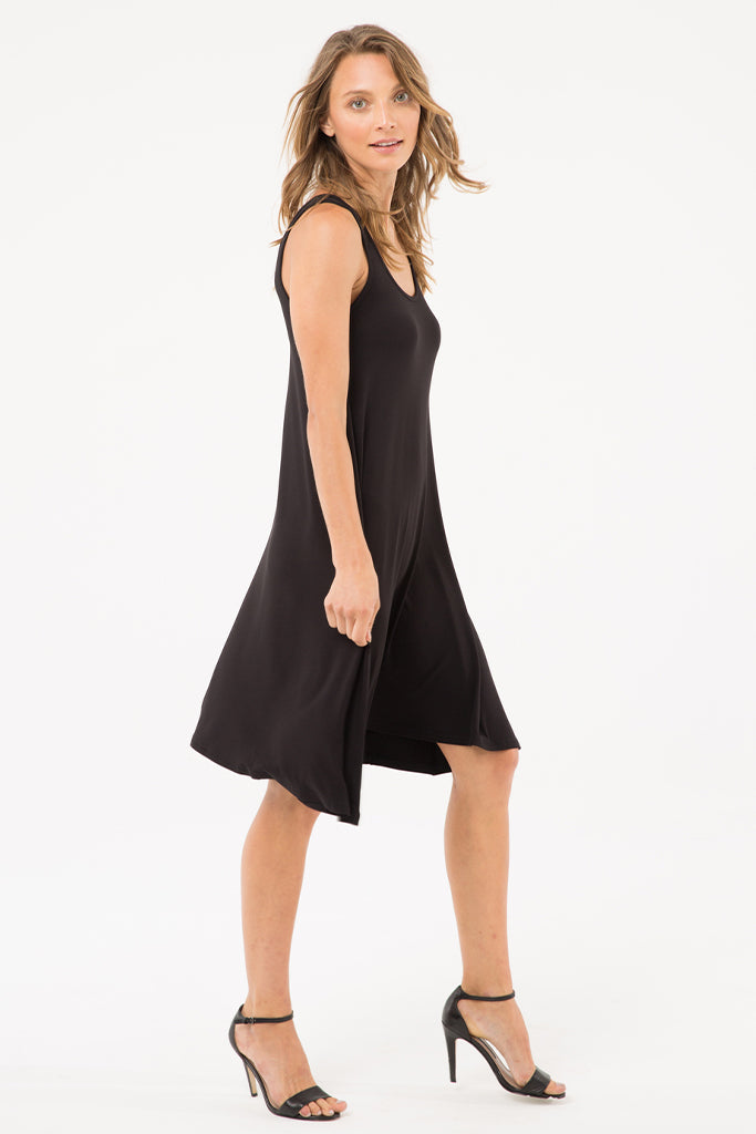 Black bamboo mini dress with a scoop neckline