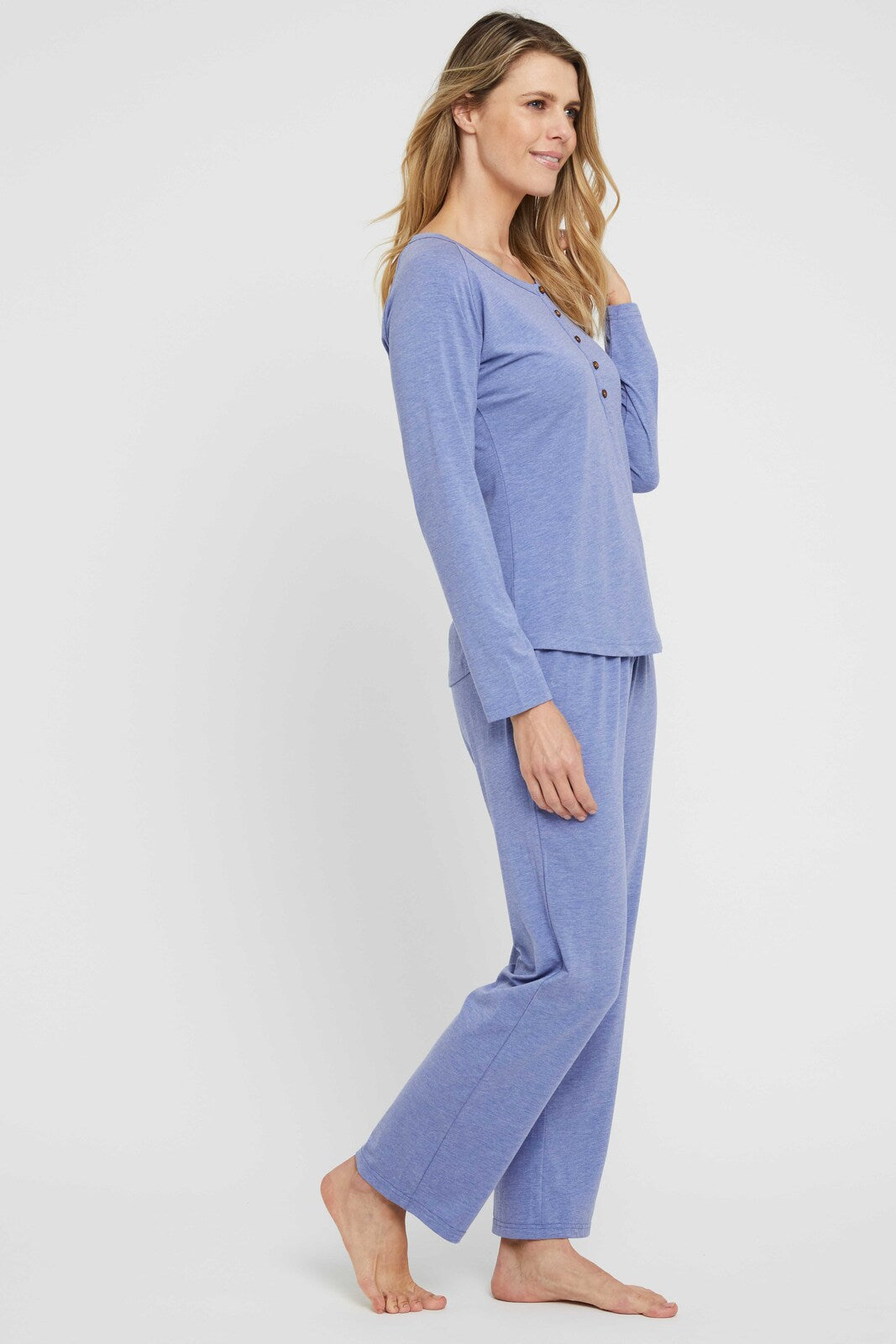 Front view of the lavender bamboo henley pyjama top.