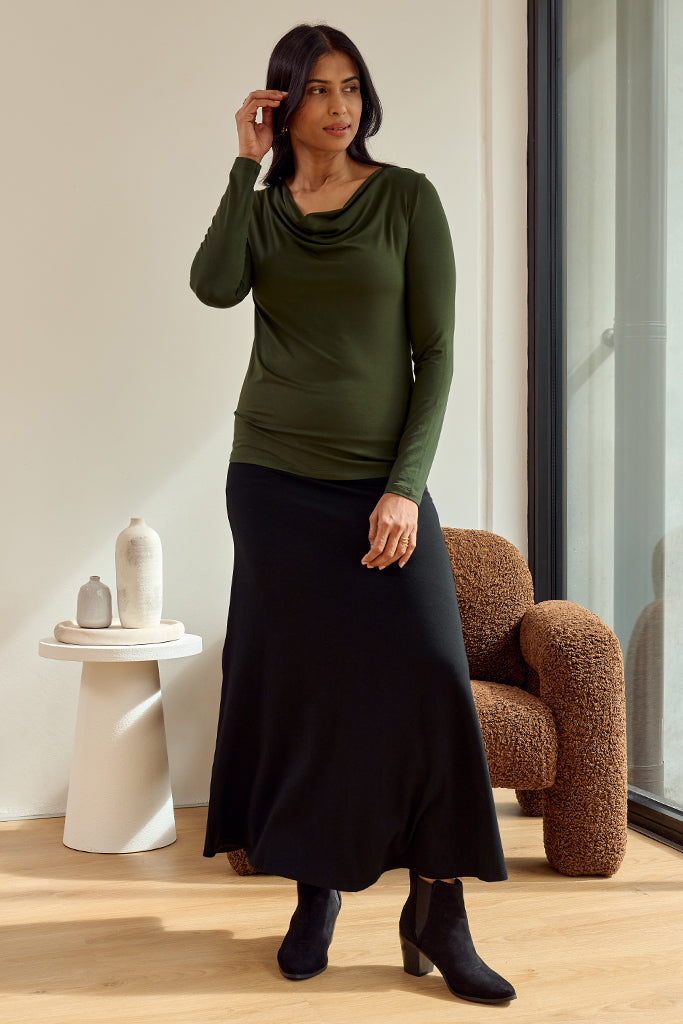 Long Sleeve Cowl Neck Top - Moss