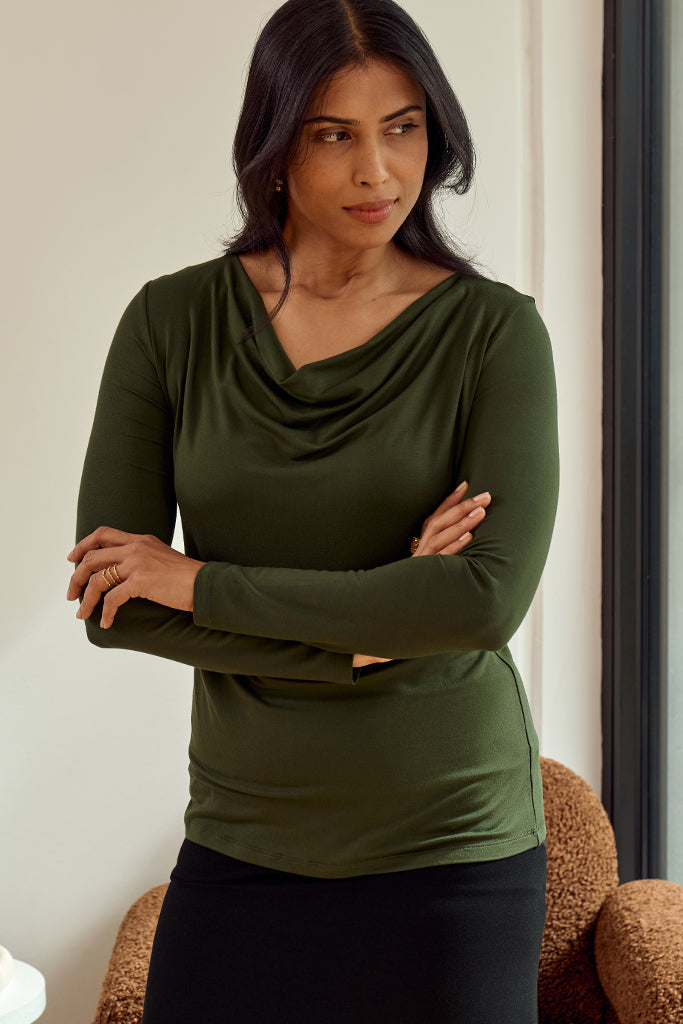 Long Sleeve Cowl Neck Top - Moss