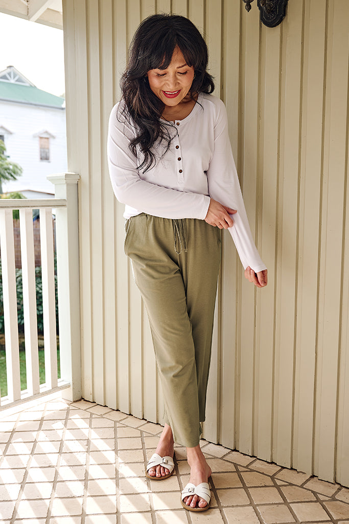 Long Sleeve Henley Top - White