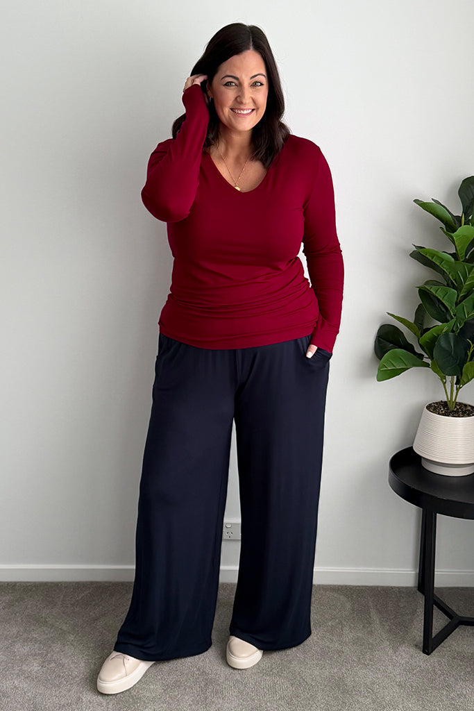 Long Sleeve V Neck - Rich Red