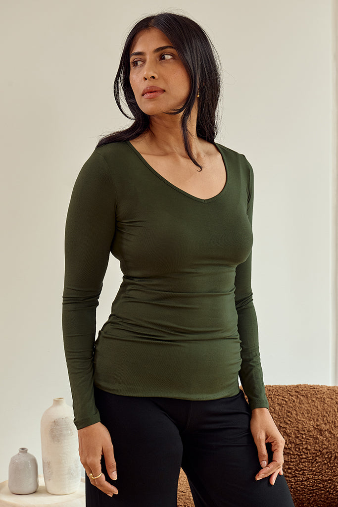 Long Sleeve V Neck - Moss