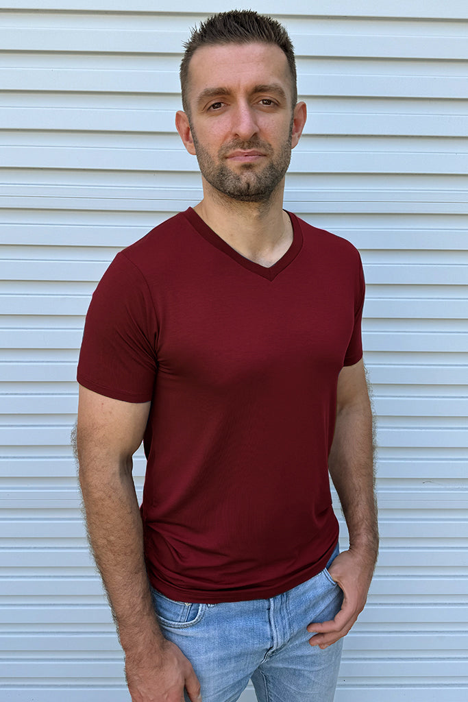 Men's V Neck Tee - Rich Red