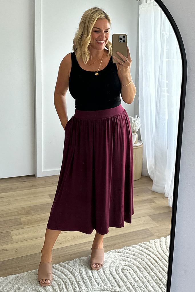 Bamboo Midi Skirt - Burgundy