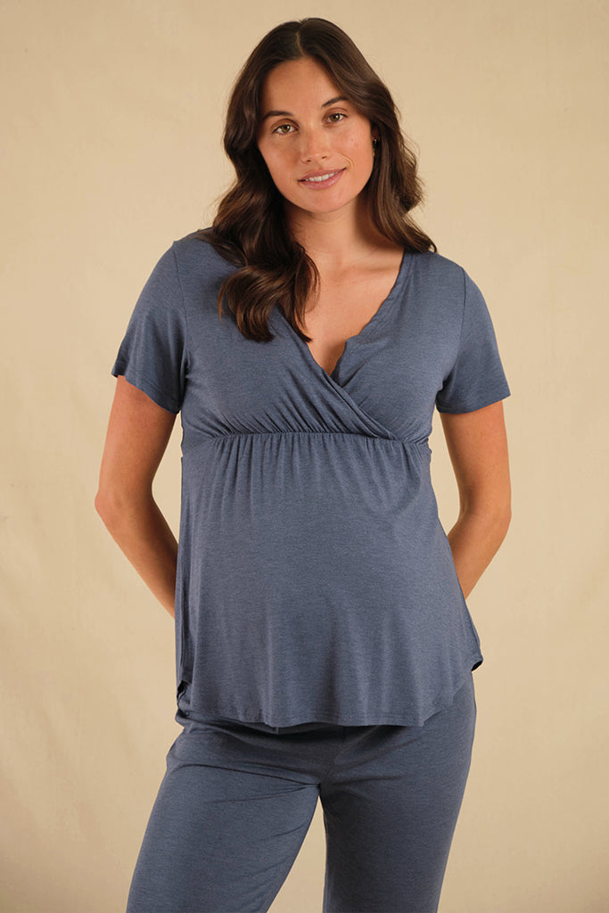 Short Sleeve Cross Front Maternity Top - Twilight