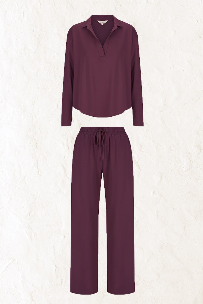 Burgundy travel set with smart v neck top and comfortable draw string pants