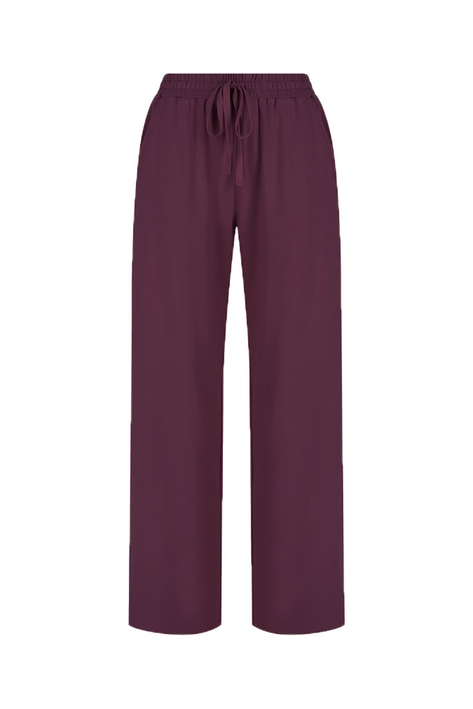 Burgundy bamboo pants with a drawstring on a white background