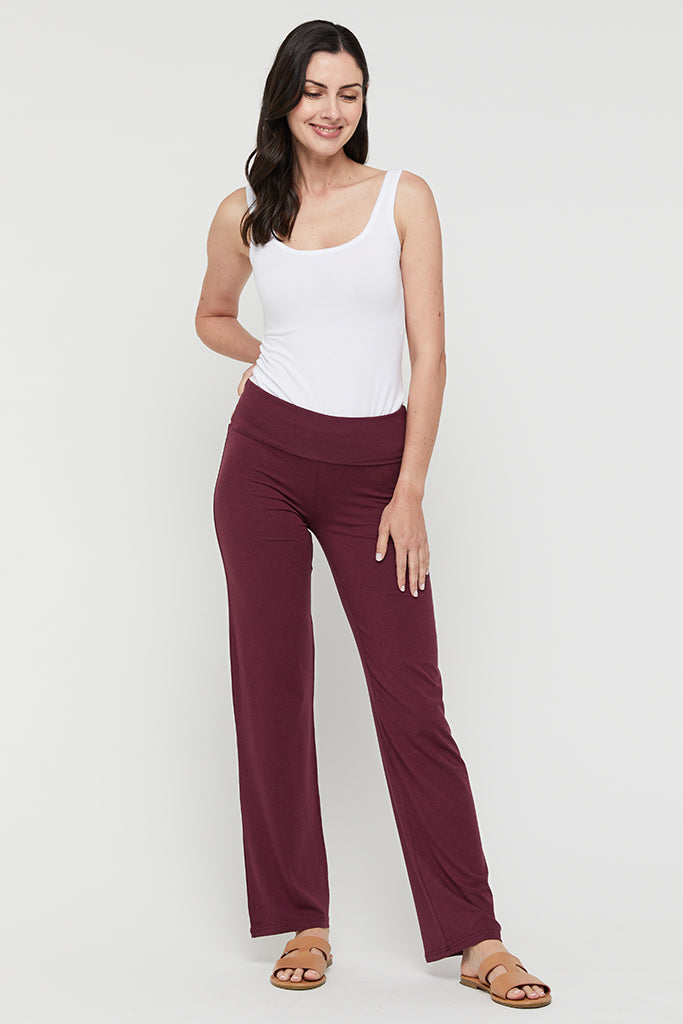 Burgundy bamboo pants with full-length straight legs and fold-over waistband