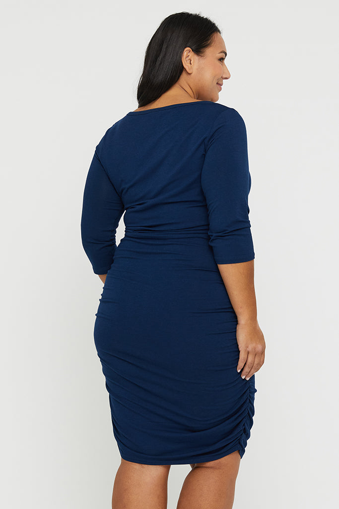 3/4 Sleeve Ruched Dress - Navy