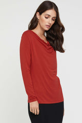 Long Sleeve Cowl Neck Top - Warm Red