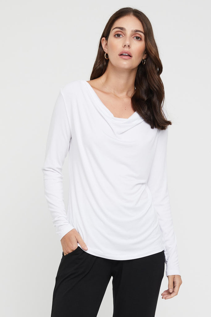 Long Sleeve Cowl Neck Top - White