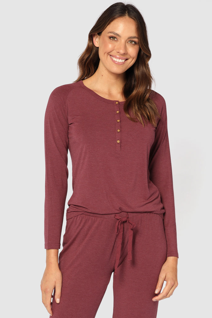 Long Sleeve Henley Top - Burgundy