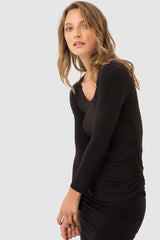 Long Sleeve Ruched Bamboo Tee - Black